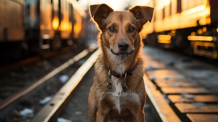 A dog with a backpack sits on a platform near the rails, looking at the approaching train, concept:...