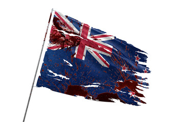 New Zealand torn flag on transparent background with blood stains.