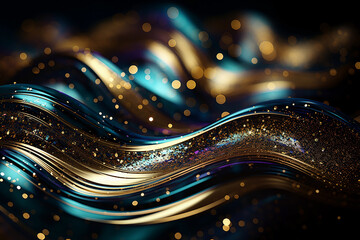 Glitter Emerald Golden Wave Stripes Design. Shiny moving lines design element background	