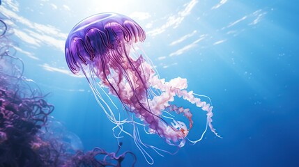 a jellyfish with a purple body and blue tentacles is swimming in the water with a blue background and a blue sky. . - obrazy, fototapety, plakaty