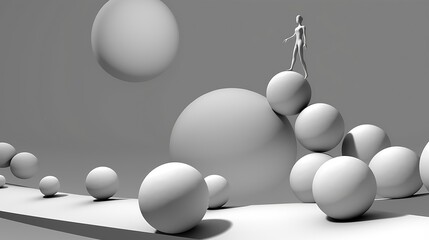 Monochrome conceptual composition with a lone figure of a woman walking upwards on spheres of different sizes. Surrealistic landscape. Illustration for cover, card, interior design, decor, print, etc.