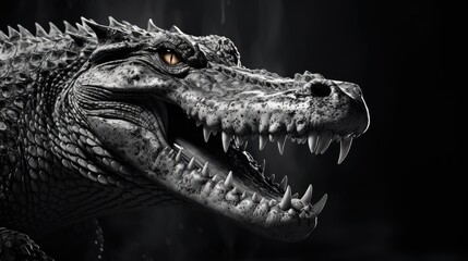 Obraz premium Close-up of an angry crocodile's face. A toothy alligator in monochrome style. Animal in the habitat. Illustration for cover, card, postcard, interior design, banner, poster, brochure or presentation.