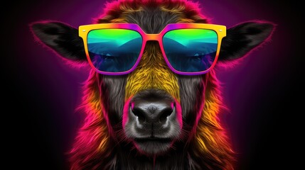 Portrait of funny aurochs bull with sunglasses. Concept of humor. Illustration for cover, card, postcard, interior design, decor or print.