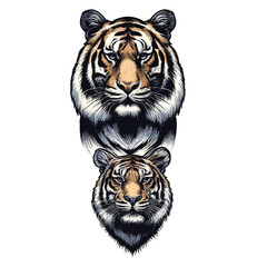 big tigers. Collection of portraits of predatory wild cats. Set of wildlife and fauna dwellers. Vector illustration on a white background. Tattoo