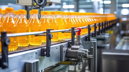 Automatic line for packing juices into glass or plastic containers.  Beverage production. Bottling...