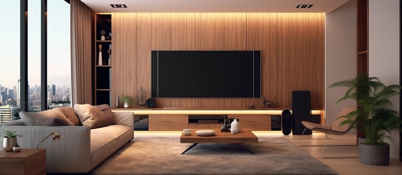 3D Rendering : illustration of modern television hanging on wall in big living room. LED SMART TV hanging with clipping path. front of soft couch sofa. hard light shining into the house. daylight.