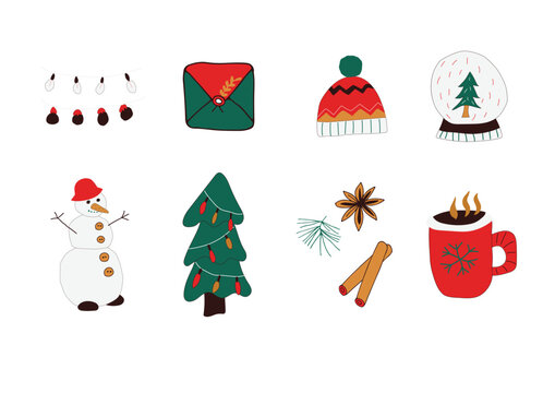 Christmas decorations Set . Happy new year. Christmas items. For the design of Christmas and New Year cards. Vector illustration. Hand-Drawn.