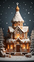Festive gingerbread house made from honey and ginger dough with rich patterns and floral motifs, a fairy tale house traditional for Christmas markets