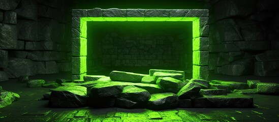 Abstract neon green background with glowing square frame and cobblestone rocks ruins. Showcase scene with platform for product presentation, site banner 3d render, glowing light abstract rocks