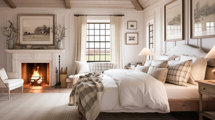 Bedroom decor, interior design and holiday rental, classic bed with elegant plush bedding and furniture, English country house and cottage style