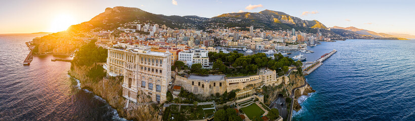 Sunset view of oceanographic museum in Monaco, a sovereign city-state on the French Riviera, in...