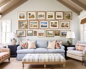 Fototapeta premium Living room gallery wall, home decor and wall art, framed art in the English country cottage interior, room for diy printable artwork mockup and print shop