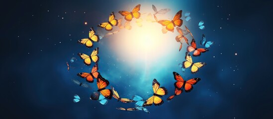 Blue butterflies flying against the solar sky