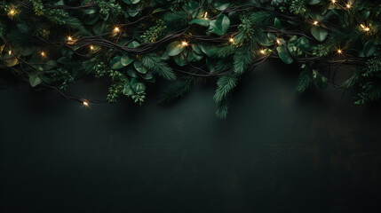 Elegant Green Christmas Garland on Textured, Vintage Dark Green Background with Moody Lighting and Twinkle Lights - Holiday Xmas Theme in Horizontal Layout 