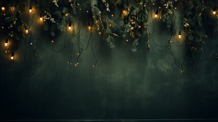 Elegant Green Christmas Garland on Textured, Vintage Dark Green Background with Moody Lighting and...