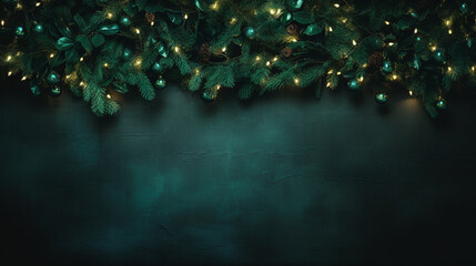 Elegant Green Christmas Garland on Textured, Vintage Dark Green Background with Moody Lighting and Twinkle Lights - Holiday Xmas Theme in Horizontal Layout 