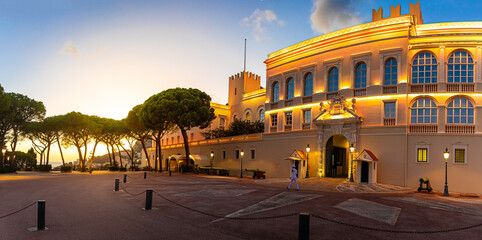 Sunset view of Prince's Palace in Monaco, a sovereign city-state on the French Riviera, in Western Europe, on the Mediterranean Sea
