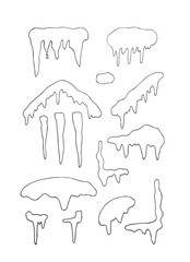 ice and snow figures for house and roof set. Isolated snow heaps and icicles on a white background. Ice, winter, New Year, Christmas. Vector illustration