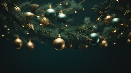 Closeup of Elegant Green Christmas Garland Greenery Background with Moody Lighting and Twinkle Lights - Holiday Xmas Theme in Horizontal Layout 