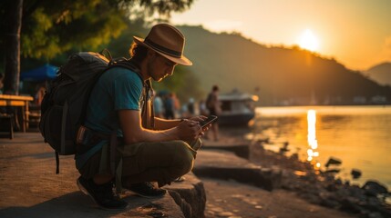 Obraz premium A backpacker is searching for information with his smartphone while traveling.