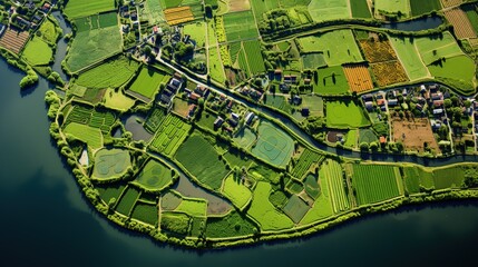 Aerial view of vegetable gardens. Netherlands. Canals with water for agriculture. Fields and meadows. Landscape from a drone.
