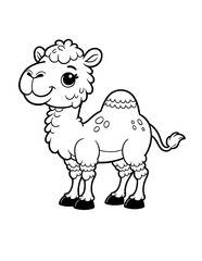 Cute camel coloring book page, coloring page, animal, black and white, isolated, vector art, wild safari zoo animals