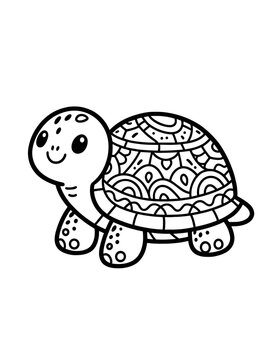 Cute turtle tortoise coloring book page, coloring page, animal, black and white, isolated, vector art, wild zoo animals