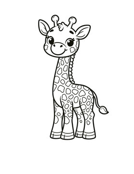 Cute giraffe character coloring book page, coloring page, animal, black and white, isolated, vector art, wild safari zoo animals