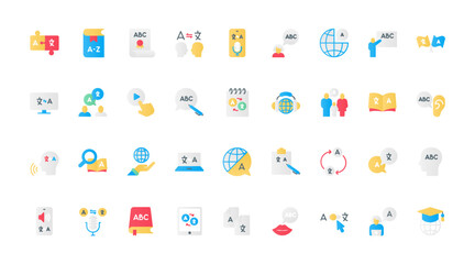 Language learning flat icons set. Language study and acquisition symbols, books and dictionaries, speech bubbles, online courses, and multilingual communication tools.