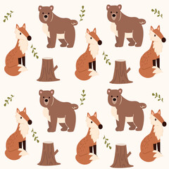 pattern with fox and bear. background with animals