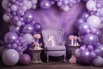 Fototapeta na wymiar birthday decorations, balloon arrangements, birthday theme Purple and purple balloons on the background of a purple wall with a rocking horse