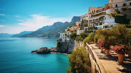 Foto op Canvas Taormina bay landscape with tourist man with backpack. Sicilian scenery sea resort. Travel Sicily. Tourist standing on shore. Young man and boats on beach. Travelling guy in South Europe. Person. © haizah