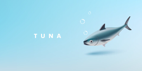 Tuna fish in the ocean with bubbles. Realistic 3d illustration for packaging design concepts, ocean life, delicious food, and diet.