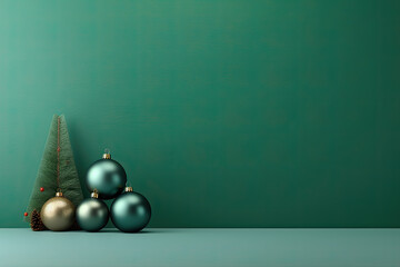 pequeño árbol de navidad junto a bolas verdes sobre fondo verde
