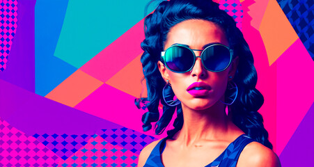 Portrait of a beautiful African American woman in sunglasses over colorful background.