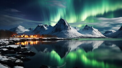 Aurora Borealis, Lofoten islands, Norway. Nothen light and reflection on the lake surface. Winter landscape at the night time. Norway travel - image - obrazy, fototapety, plakaty