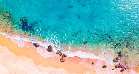 Aerial view of beautiful beach with turquoise water and sand