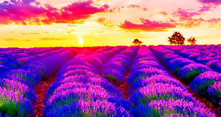 Sunset over blooming lavender field in Provence, France
