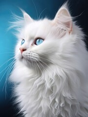 White, long-haired cat with blue eyes and bushy fur, against a blue background.