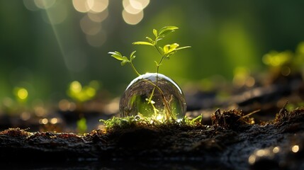 A new sprout grows on a transparent Earth. Image of environmental protection and a sustainable society