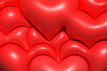 Red inflated hearts on a red background, 3D rendering illustration.