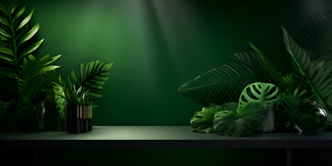 Mock up table with dark green wall with minimalistic interior decoration, product presentation concept