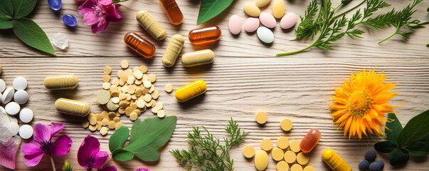 Nutritional Therapy Spread: Assorted Supplements Amongst Flowers and Herbs - obrazy, fototapety, plakaty