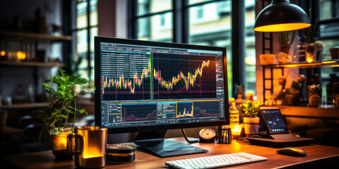 AI-Enhanced Stock Analysis: Sleek Office Setup with Advanced Trading Monitor - obrazy, fototapety, plakaty