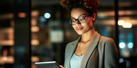 African American Businesswoman Analyzing Financial Data on Tablet at Night