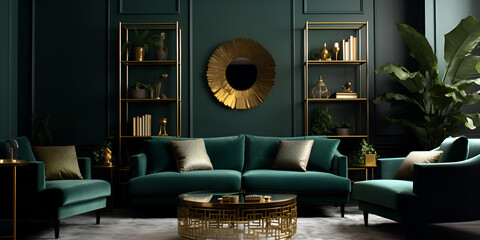 Luxury dark green interior design with golden elements, modern sofa and decorations 