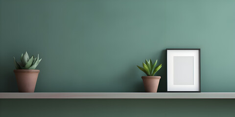 Mock up empty shelf on dark green wall with minimalistic interior decoration, product presentation concept
