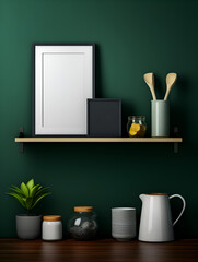 Mock up empty frame on dark green wall with minimalistic interior design, product presentation concept