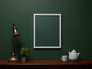 Mock up empty frame on dark green wall with minimalistic  interior design, product presentation concept 