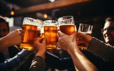 A group of friends clink glasses with beer